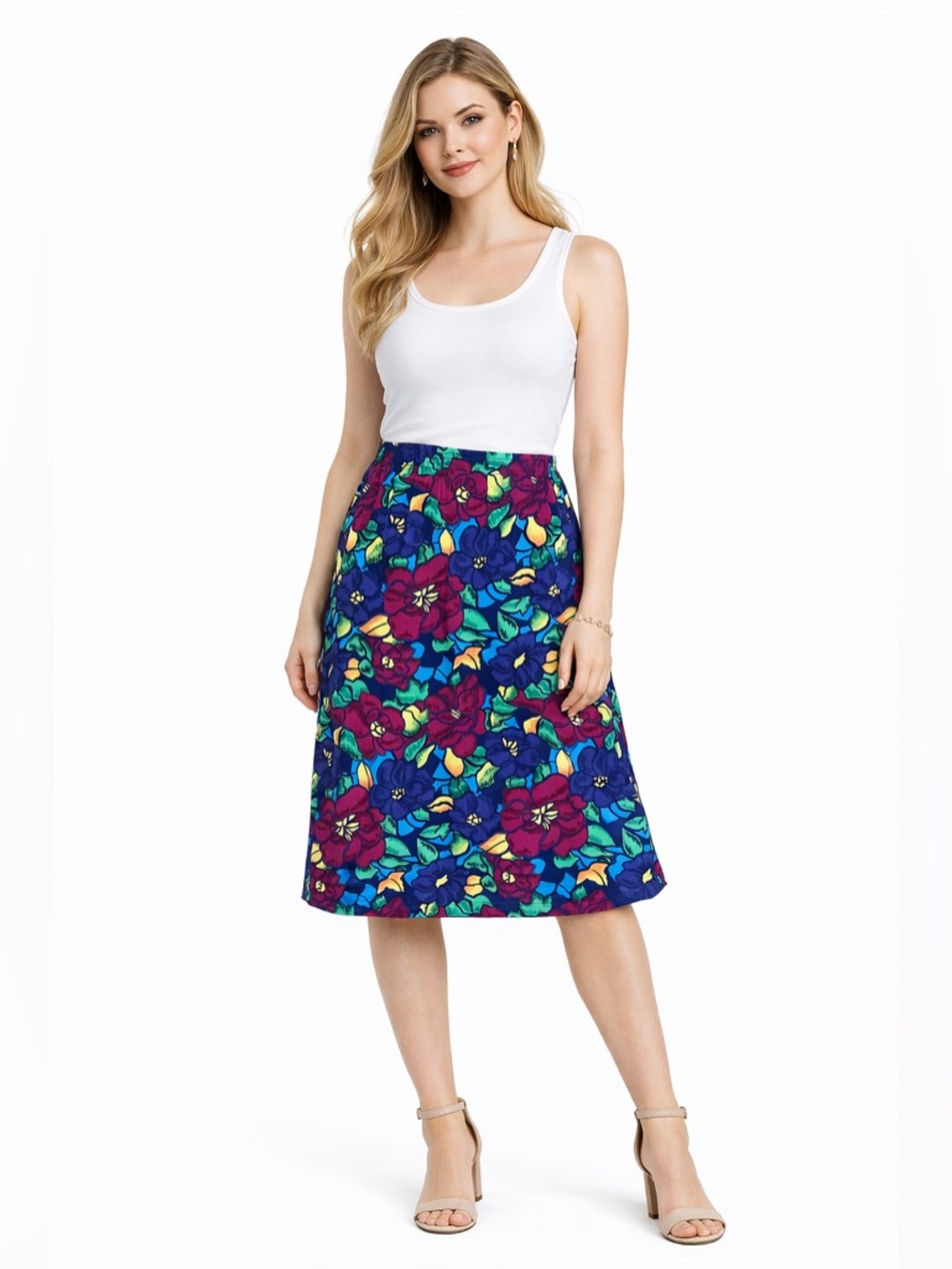 Vintage 90s Susan Graver Floral Skirt Elastic Waist Colorful Midi Made USA